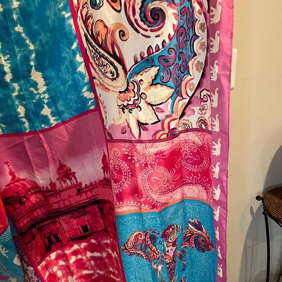 Chico's Pink & Blue Patchwork-Print Oversized Square Scarf 42" x 42" - Picture 9 of 11